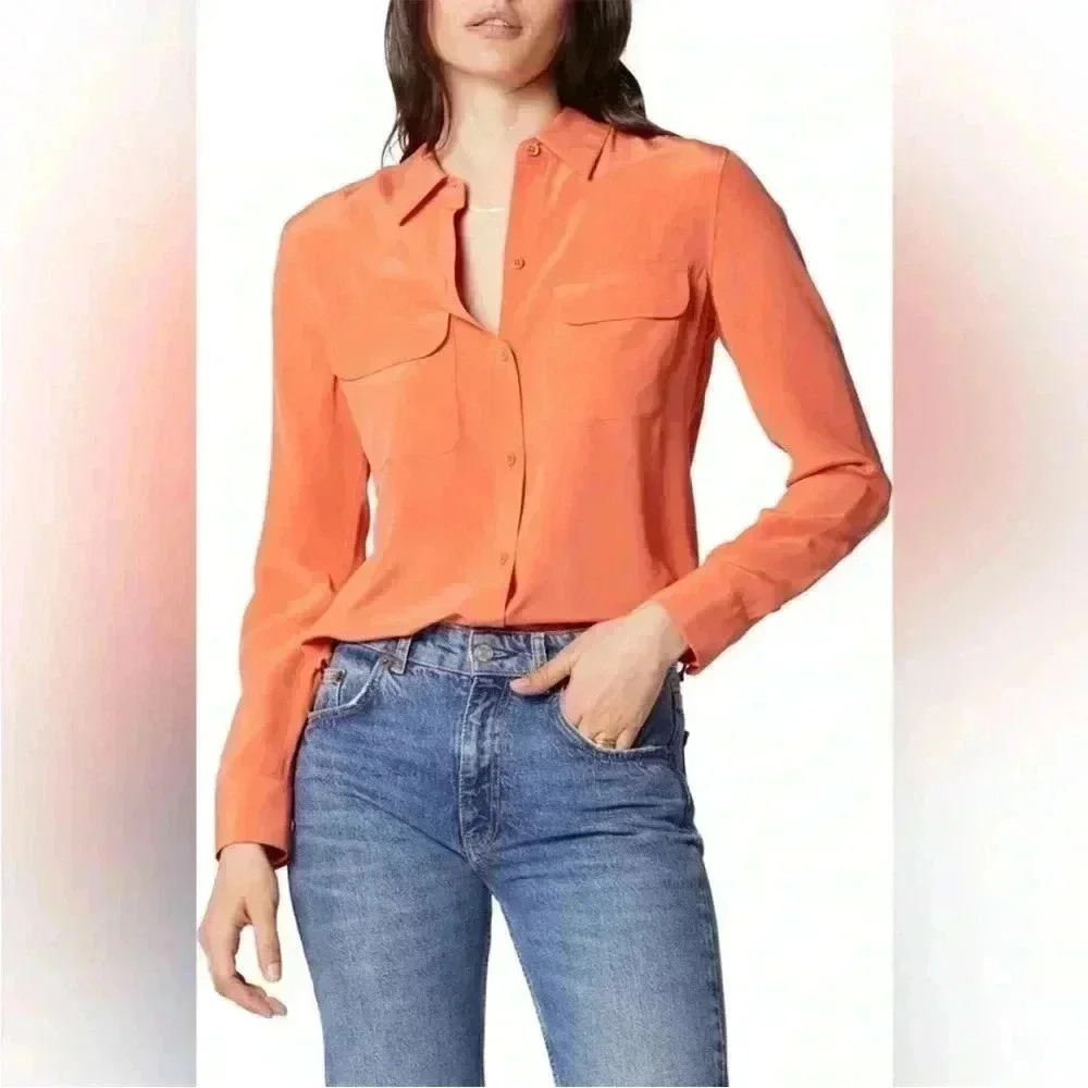 NWT Equipment Button Down Long Sleeve SLIM SIGNATURE SILK SHIRT Koi Orange S